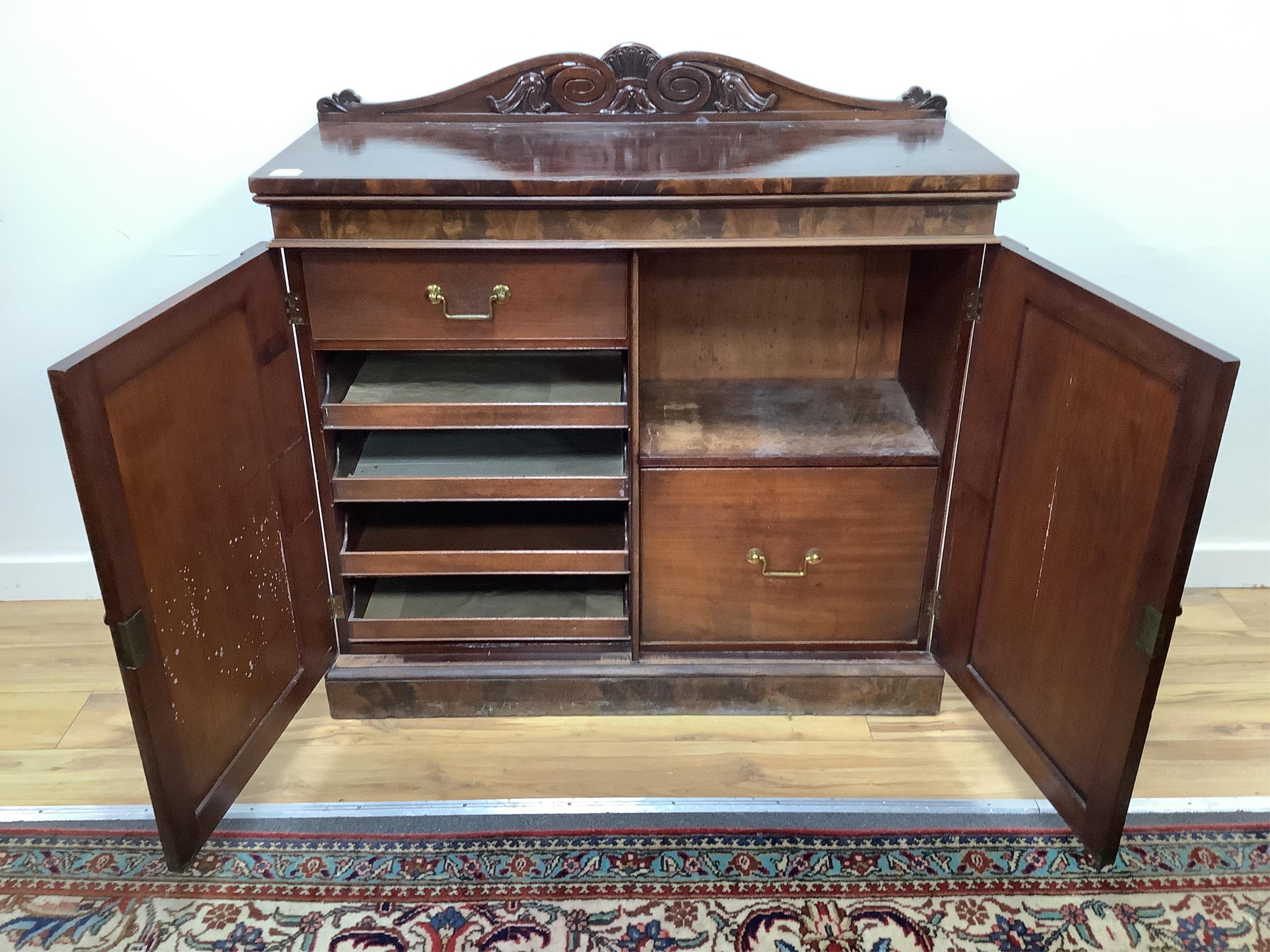 A William IV mahogany side cabinet, width 107cm, depth 43cm, height 106cm. Condition - fair